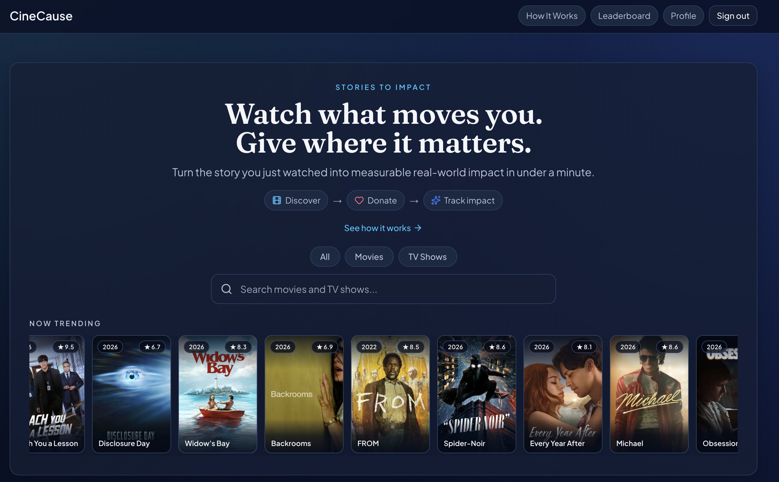 CineCause landing page